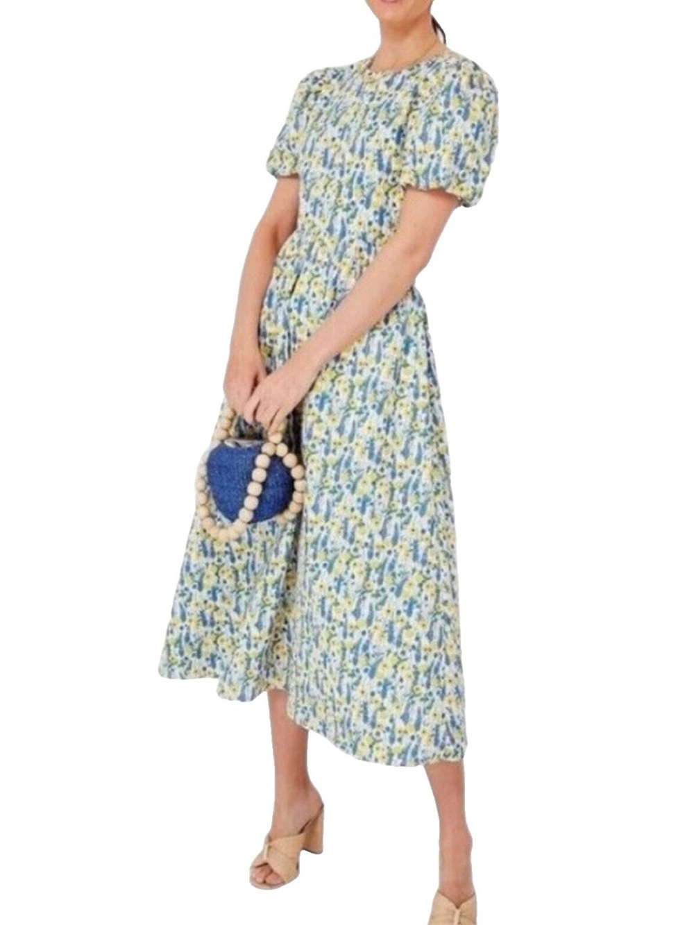 Hyacinth house Tuckernuck backless floral puff sleeve yellow floral midi dress L